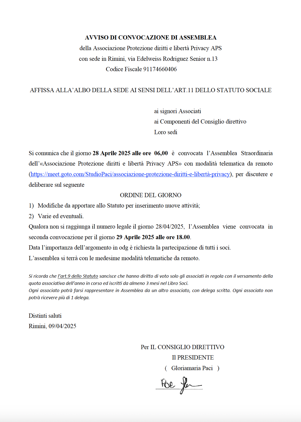 Convocazione Assemblea Straordinaria Soci 2025